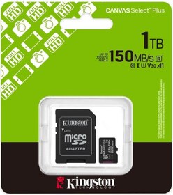 Resim Kingston Sdcs3-1tb 1tb Microsdxc Canvas Select Plus Gen3 150mb-s A1 Card + Adapter Hafıza Kartı 