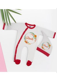 Resim Bk Kids Kişiye Özel Çiçek Tasarımlı Kırmızı Tulum Zıbın Ve Kukuletalı Şapka Seti-1 Çok Renkli 