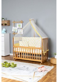 Resim Ahşap Beşik Anne Yanı Beşik Vernikli 60x120 - Sarı Yıldız 1 Yastıklı Uyku Seti + Yataklı Ahşap 