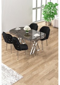 Resim Canisa Zae Serisi 90x168 Lak Panel Antrasit Ironi Krom Ayak Masa Takımı 4 Siyah Sandalye Antrasit İroni Masa Sandalye Siyah Ayaklar Krom 