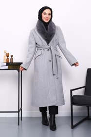 Resim İmajButik Gri Yaka Kürklü Kuşaklı Kaşe Kaban 