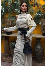 Resim Saten Kuşaklı Ajurlu Triko Elbise 2847 Ekru 