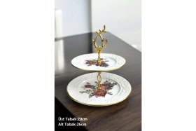Resim Pinkev Rose Seramik Çift Katlı Kurabiyelik Pasta Sunum Tabağı Standı 
