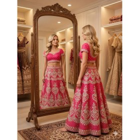 Resim Aashiv's Collection Gelinlik Hint Lehenga Choli Takımı Kırmızı Işlemeli 