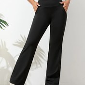 Resim Kadınların Yüksek Bel Flare Pantolonları - Kalça Kaldırma, Rahat Geniş Bacaklı Pantolonlar için, ve Günlük Giyim, Düz Siyah, Pantolonlar, Giyim, Şık Tasarım, Pürüzsüz Dokusu 