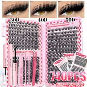 Resim Büyük Olasılıklı 740/280/240 Adet DIY Sahte Kirpik Kiti Başlangıçlar İçin, 30D/40D/50D Wispy Küme Paketi, D Curl Mega Hacim, Karışık Kalınlık, Doğal Görünüm, Görünmez Bant, Tekrar Kullanılabilir Bağ ve Mühür ile, Çıkarıcı, Fırça ve Cımbız Günlük Kullanım veya Özel Günler İçin Mükemmel 