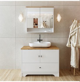 Resim Oval Lavabolu Mat Beyaz Mdf 100 Cm Banyo Dolabı Atlantik Çam - Beyaz 