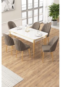Resim Canisa Edaf Serisi 80x132 Açılabilir Beyaz Mutfak Masa Takımı 6 Cappucino Sandalye Gold Detay Masa Beyaz Sandalye Antrasit Ayak Gold 