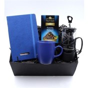 Resim Kişiye Özel Mavi Defter & Mavi Kupa & Siyah French Press & Turunç 