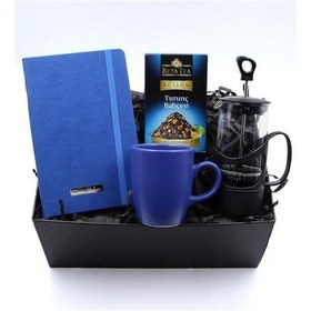 Resim Kişiye Özel Mavi Defter & Mavi Kupa & Siyah French Press & Turunç 