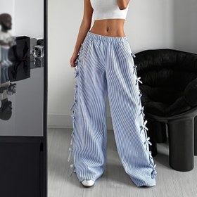 Resim Kadınlar için Açık Mavi Çizgili Geniş Paça Pantolon Yan Bağcıklı - Günlük Düşük Bel Tasarımı, Akıcı İlkbahar/Yaz Stili, Polyester Kumaş, Makinede Yıkanabilir, Rahat Yazlık Giysi | Düşük Bel Alt Giysileri | Kadın Dokunuşu, Bayan Pantolonları 
