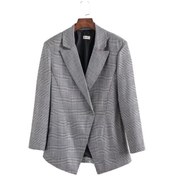 Resim Kadın İnce Vahşi Koyu Toka Ekose Moda Takım Elbise Blazer Ceket Gri 