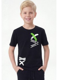 Resim Panios Kids White Yazı Baskılı Yuvarlak Yaka Kısa Kollu Erkek Çocuk Yazlık Tişört Siyah 