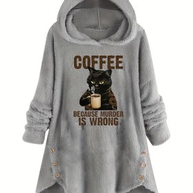 Resim Kedi & Slogan Baskılı Teddy Hoodie, Rahat Uzun Kollu Düğme Dekorlu Hoodie Sweatshirt, Kadın Giyim 