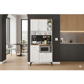 Resim Kahvenza Kahve Barı Atlantik-beyaz Renk, Raflı Kahve Köşesi, Dekoratif Ve Fonksiyonel Dolap Atlantik Çam - Beyaz 