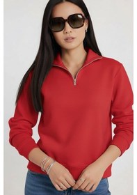 Resim Afri Kadın 3 İplik Şardonlu Yarım Fermuarlı Kırmızı Sweatshirt İçi Pamuklu Kalın Kumaş, Tam Kalıp Rahat Model Kırmızı 