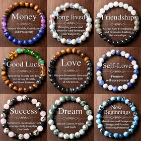 Resim 9 adet 8mm Bohemian Vintage Elastik Boncuklu Takı, Zenginlik, Dostluk, İyi Şans, Aşk, Başarı, Rüyalar, Refah ve Refahı Simgeleyen, Doğum Günleri, Tatiller ve Günlük Giyim İçin Uygun, Tüm Yıl Gençler İçin Mükemmel, Gençler İçin 