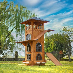 Resim Mandu Ahşap 4 Katlı Teraslı Kedi Evi (Tırmalama - Mama Kaplı) 