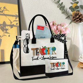Resim Öğretmen Temalı Çanta ve Makyaj Çantası - Çiçek & Kitap Desenli, Yeniden Kullanılabilir Yüksek Kaliteli Polyester Plaj Çantası, Omuz Askılı ve Yan Cepli, Eğitimciler İçin Beyaz Hediye, Mezuniyet, Doğum Günü, Günlük Kullanım, Öğretmen Çantası, Eğitici Tasarım, Sağlam Tutma Kolu 
