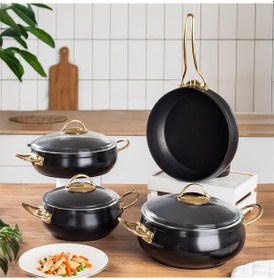 Resim Lines L-5094 Yonca Güveç 7 Parça Tencere Seti - Siyah Altın Kulp 