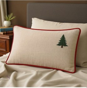 Resim Çam Ağacı Nakışlı Fırfırlı Buldan Keteni Yastık Kılıfı 50x70 1 Adet Bej 