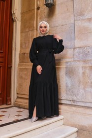 Resim Berel Moda Balon Kol Eteği Fırfır Detaylı Krep Sena Ferace Siyah 