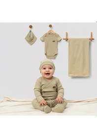 Resim Milays 0-3 Ay Bebeklere %100 Pamuk Çıtçıtlı Body Li Havlulu 7 Parçalı Zıbın Takımı Haki 