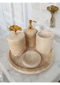 Resim Sarı Traverten Klasik Model 5 Parça Gold Renk Japon Gülü Aksesuarlı Banyo Seti Sarı Traverten 