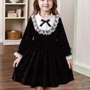 Resim Kızların Şık Dantel Yaka Ruffle Kore Kadife Elbise, Dantel Ruffle Kollu, Bahar ve Sonbahar İçin Uygun, Açık Hava Partileri ve Şenlik Toplantıları İçin Mükemmel 