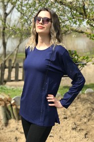 Resim Dinçerler tekstil Kadın Preminyum Taş Baskılı Omuzdan Fulok Baskı Detaylı Bluz 