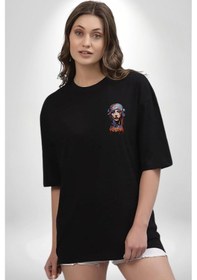 Resim Khansa Eşarp Kadın Tasarımı Siyah Oversize Unisex Ön Sol Yan Minimal Baskılı Tişört Koyu Siyah 