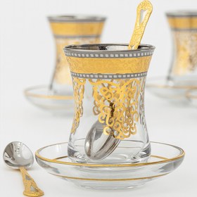 Resim Zarafetin Buluştuğu Set: 6 Kişilik Altın ve Gümüş İşlemeli Türk Çay Takımı - 6 bardak & 6 tabak & 6 kaşık 