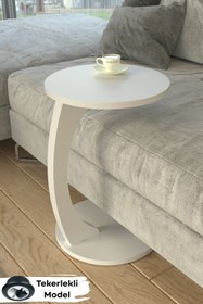 Resim Limnizza Tekerlekli Yuvarlak C Sehpa Koltuk Yanı Laptop Masası Modern Zigon Yan Sehpa Salon Ofis 