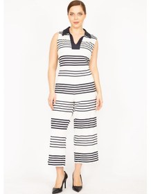 Resim Kadın Lacivert Büyük Beden V Ayakalı Arkası Gizli Fermuarlı Tulum-lacivert Lacivert 