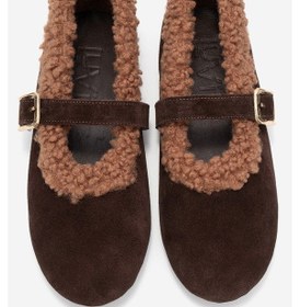Resim Luvi Shoes Guın Kahverengi Süet Hakiki Deri Peluş Detaylı Kemerli Kadın Babet Ayakkabı Kahverengi 