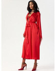 Resim Eclatant Kırmızı Dantelli Uzun Saten Sabahlık / Kimono Kırmızı 