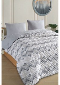 Resim Tek Kişilik Desenli Kapitone Çift Taraflı Renkli Pike Yatak Örtüsü Takımı 160x230 Cm Çarşafsız Gri 