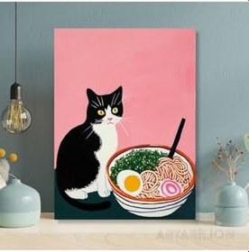 Resim Kanvas Tablo Noodle ve Kedi Görseli Sevimli Kanvas Tablo Ev Hediyesi Ev Dekorasyonu 