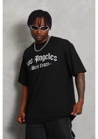 Resim Yake Store Unisex Oversize Baskılı Bisiklet Yaka T-shirt - Siyah - Siyah 