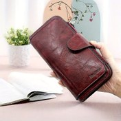 Resim Çok sayıda kart yuvası, uzun üç katlı tasarımıyla nakit ve telefon için uygun, fermuar ve toka içeren geniş kapasiteli çok işlevli kadın cüzdanı. 