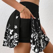 Resim Kadınların Günlük Yüksek Bel Skort'u Çiçek Desenli ve Telefon Cebi ile - Siyah Şortlar Beyaz Çiçek Desenli, Yaz ve Günlük Giyim için Minimalist Stil, Günlük Giyim | Çiçek Desenli Etek | Ayarlanabilir Bel, Skort 