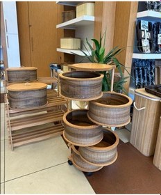 Resim Ahşap Yuvarlak Sebzelik 5 Katlı Yana Açılır Patates Soğan Tekerlekli Sebzelik Kahverengi 