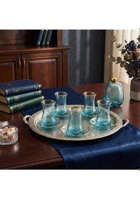 Resim 13 Parça Mavi Lüster Altın Yaldızlı 6 Kişilik Cam Çay Seti Ve Şekerlik Hediyeli Mavi 
