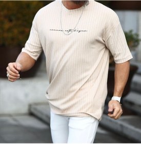 Resim MFU collection Erkek Çizgili Gofre Baskılı Oversize Örme Tshirt 