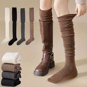 Resim 4 Çift Kadın Diz Üstü Çorap - Yüksek Esneklik İnce Uzun Katmanlı Tek Renk Patchwork Tasarım, Makinede Yıkanabilir & Kuru Temizlenebilir, Çok Yönlü Giyim Aksesuarı, Şık Çorap Deseni, Yüksek Esneklik Malzeme 