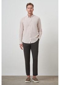 Resim Morven Erkek Bej Keten Trend Dynamic Fit Düğmeli Yaka Gömlek 25ys004018653 Bej Bej 