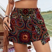 Resim Paisley desenli Asimetrik Etek Bölünmüş Şort, Boho Yüksek Bel Kısa Stil Arka Etek, Kadın Giyim 