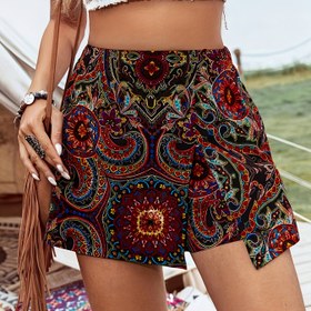 Resim Paisley desenli Asimetrik Etek Bölünmüş Şort, Boho Yüksek Bel Kısa Stil Arka Etek, Kadın Giyim 