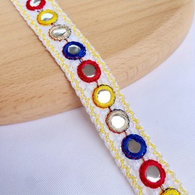 Resim Çok Renkli Metalik Ayna Nakışlı Süsleme - Sahne Kostümleri, Şapkalar ve Çantalar için Yansıtıcı Pullu Bej Poliester Dekoratif Kurdele 