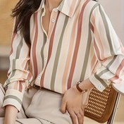 Resim Kadınlar için Rahat Çizgili Uzun Kollu Düğmeli Gömlek - Hafif Polyester, Bej, Kahverengi & Beyaz Klasik Dikey Çizgiler, Her Mevsim İçin Rahat, Günlük Kıyafetler İçin Mükemmel 
